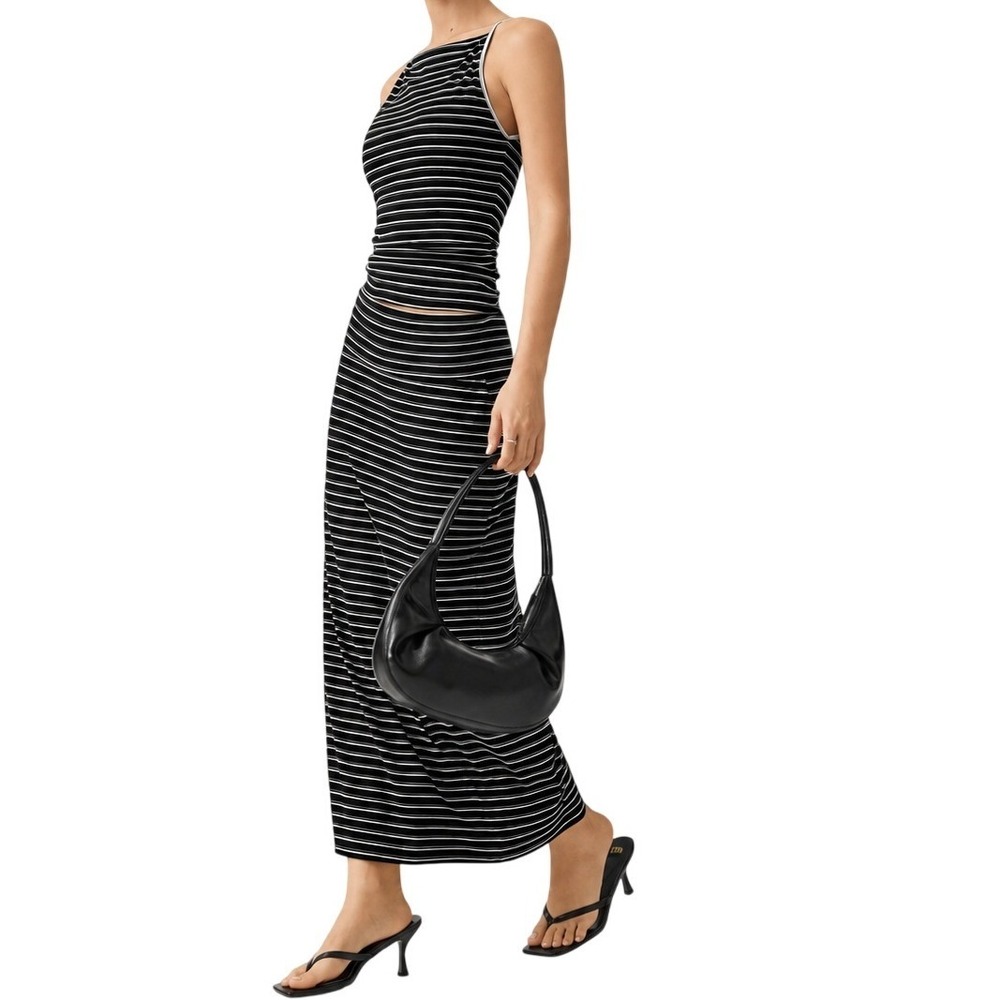 NWT OGL Striped Spaghetti Bra Top M & Low Rise Midi Skirt S Black/Grey/White - Picture 3 of 13